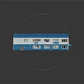 Two Story Office Building With Blue Roof White Walls And Multiple Windows