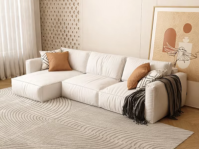 Spacious White Sectional Sofa With Decorative Pillows Cozy Throw And Wavy Pattern Rug 3d model