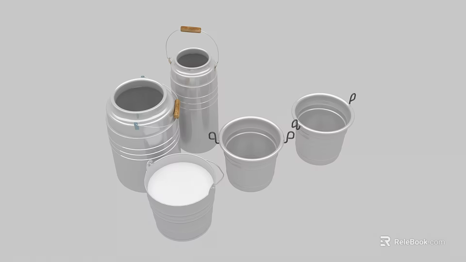 Metal Buckets In Various Sizes With Wooden Handles And Empty Design 3d model