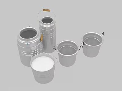 Metal Buckets In Various Sizes With Wooden Handles And Empty Design 3d model