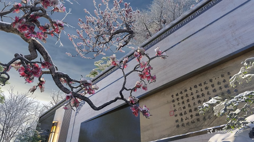 Traditional Chinese Storefront Facade With Snowy Plum Blossoms Calligraphy And Golden Lanterns 3d model 