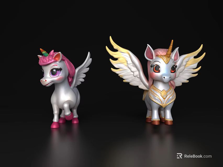 Flying Animal Unicorn Figurines With Pink Mane Gold Wings And Horns 3d model 