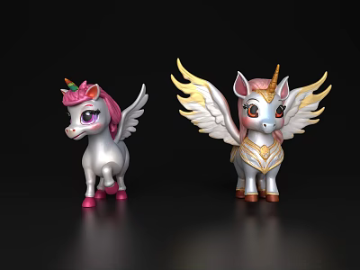 Flying Animal Unicorn Figurines With Pink Mane Gold Wings And Horns 3d model