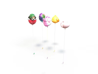 Various Colorful Cartoon Character Balloons With Strings For Party Decoration 3d model