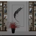 Elegant Modern Bookcase With Shelves Books Decor Vases And Central Ink Painting