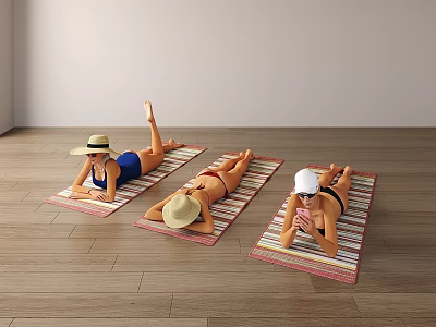 Three Women In Swimwear Lying On Striped Mats Wooden Floor Light Wall Resting 3d model