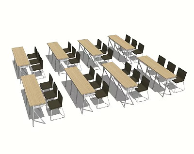 Multiple Conference Tables With Black Chairs Wooden Tops And Metal Frames 3d model