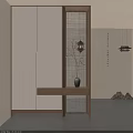 Zen Style Entryway Design With Wooden Cabinets Lantern Light And Lattice Screen 3d model