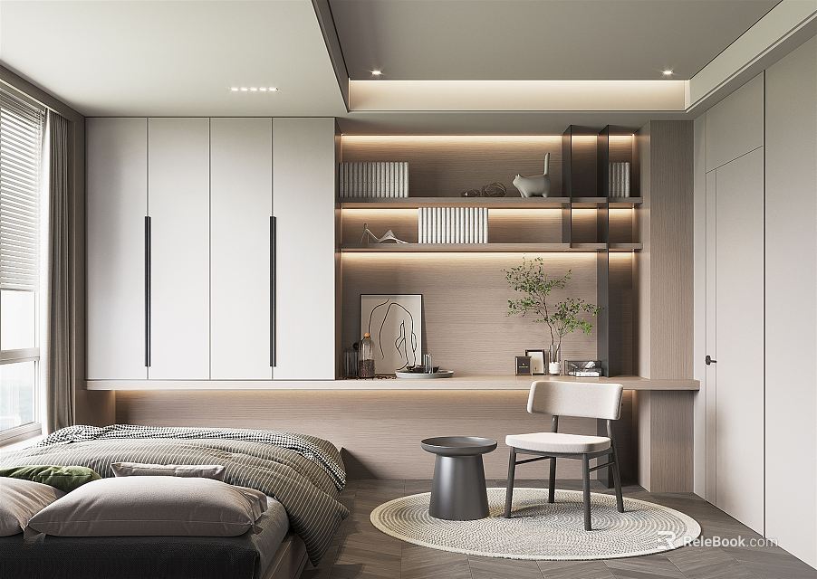 Modern Tatami Bedroom Design With Storage Cabinets Shelves And Natural Light 3d model 