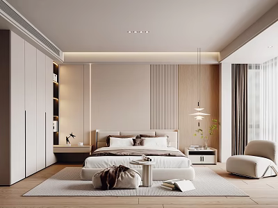 Elegant Modern Bedroom Interior With Wooden Elements King Bed Pendant Light And Accent Chair 3d model