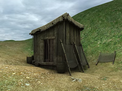 Thatched Roof Wooden Hut On Dirt Ground With Grassland Ladder And Nets 3d model