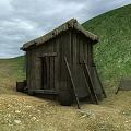 Thatched Roof Wooden Hut On Dirt Ground With Grassland Ladder And Nets