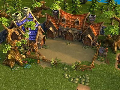 Cartoon Village Scene With Colorful Roofs Trees Green Grass And Wooden Fences 3d model