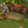 Cartoon Village Scene With Colorful Roofs Trees Green Grass And Wooden Fences