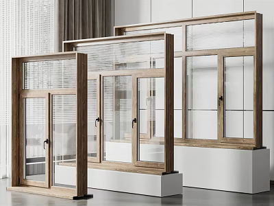 Modern Interior Display Of Wooden Window Frames With Glass Panels And White Bases 3d model