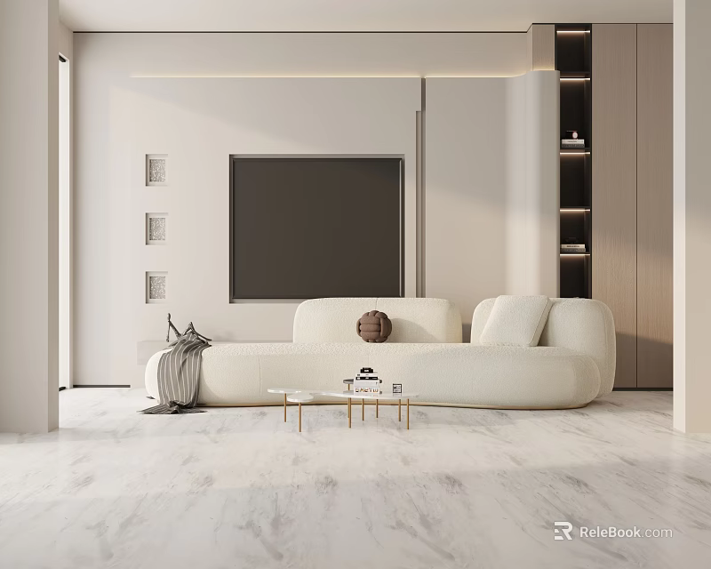 Modern Minimalist Living Room Interior with White Three-seater Sofa Coffee Table and TV Wall 3d model 