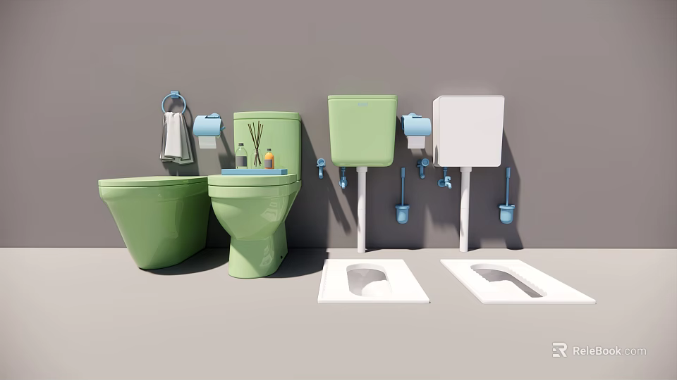 Different Toilet Designs in Green White with Wall Mounted Tanks and Squat Models 3d model 