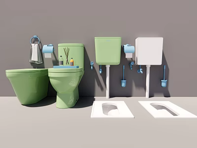 Different Toilet Designs in Green White with Wall Mounted Tanks and Squat Models 3d model