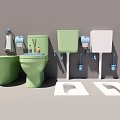 Different Toilet Designs in Green White with Wall Mounted Tanks and Squat Models