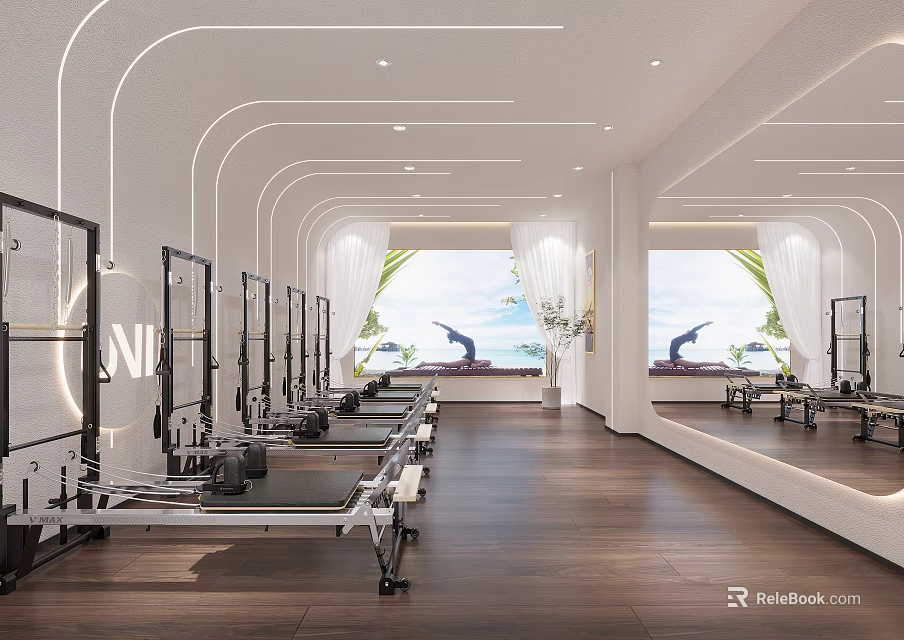 Modern Fitness Studio Interior With Neatly Arranged Pilates Reformer Equipment Large Windows And Wooden Floors 3d model 