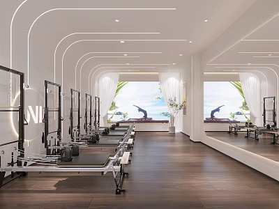 Modern Fitness Studio Interior With Neatly Arranged Pilates Reformer Equipment Large Windows And Wooden Floors 3d model