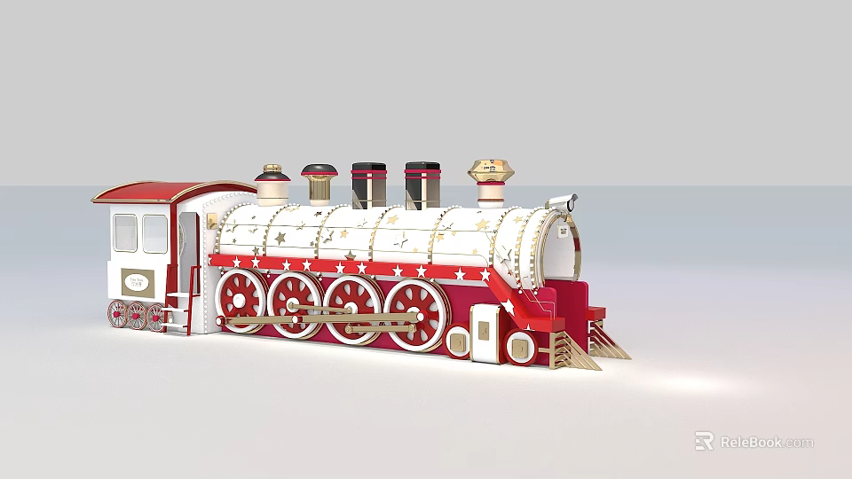 Red and White Steam Train Model Featuring Multiple Chimneys Large Wheels and Red Carriages 3d model