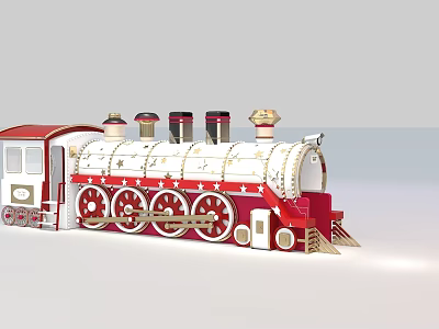 Red and White Steam Train Model Featuring Multiple Chimneys Large Wheels and Red Carriages 3d model