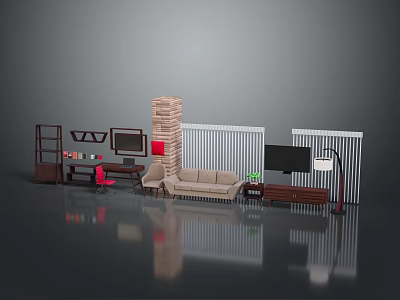Modern Living Room Furniture Design With Sofa TV Stand Bookcase And Chair 3d model