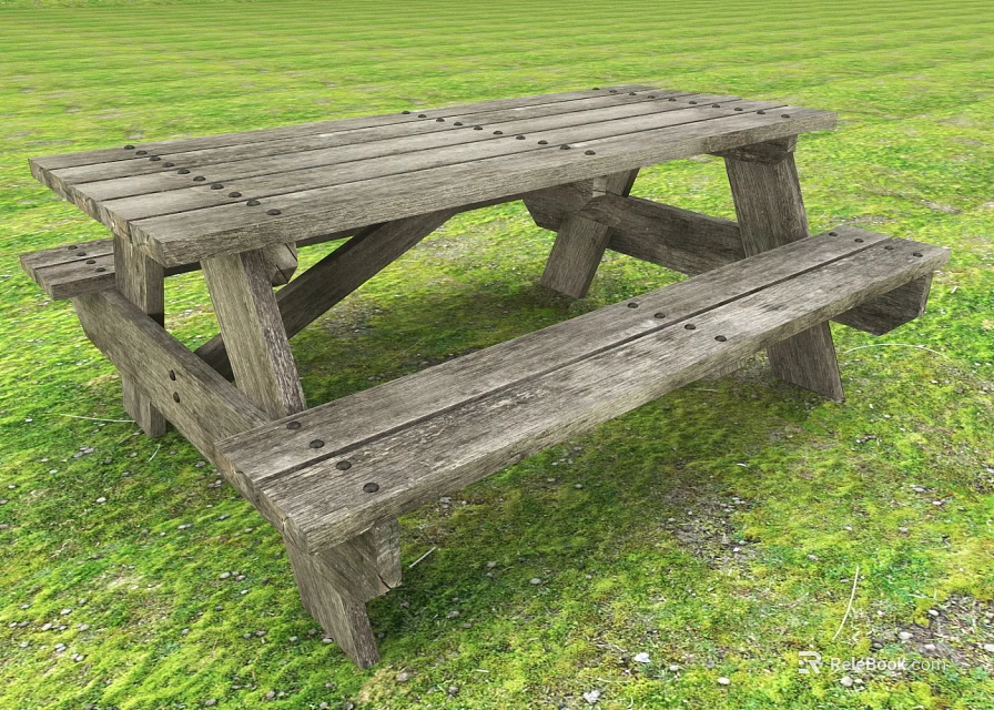 Rustic Outdoor Wooden Bench with Picnic Table on Green Grass 3d model 