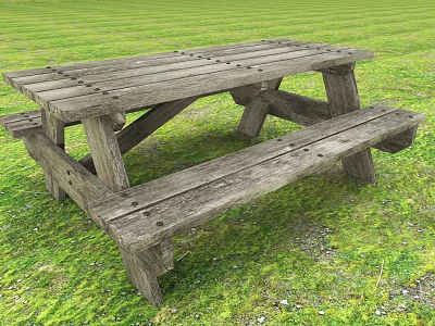 Rustic Outdoor Wooden Bench with Picnic Table on Green Grass 3d model