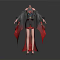 3D Character Costume Design With Black Red Robe Red Flowing Ribbons And Gem Accents
