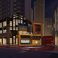 Illuminated Container Coffee Shop In Urban Area With Modern High Rise Buildings At Night
