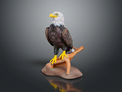 Realistic Eagle Sculpture Standing on Branch With Detailed Feathers and Yellow Claws 3d model