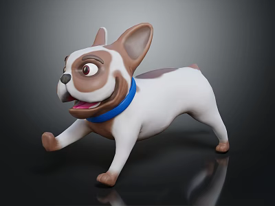 Cartoon French Bulldog Character In Running Pose With Brown White Fur And Blue Collar 3d model