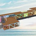 Colorful Container Industrial Equipment Overwater Structure with Metal Frame Support and Blue Sky Background
