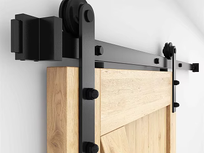 Wall Mounted Wooden Barn Door Featuring Black Sliding Hardware And Oak Panels 3d model