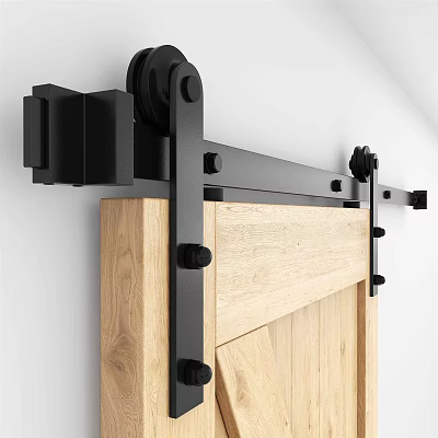 Wall Mounted Wooden Barn Door Featuring Black Sliding Hardware And Oak Panels 3d model