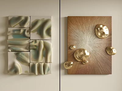 Creative Wall Decor with Textured Square Panels and Gold Circular Accents on Brown Background 3d model