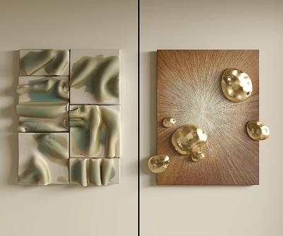 Creative Wall Decor with Textured Square Panels and Gold Circular Accents on Brown Background 3d model