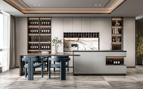 Modern Restaurant Bar Table and Chair Combination Wine Cabinet Dining Chair Bar Area Curtain Green Plant Potted Plant 3d model