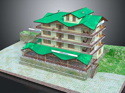 Cartoon Scene MultiStorey Building With Green Roof And Balconies Surrounded By Grass And Stone Pavement 3d model