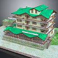 Cartoon Scene MultiStorey Building With Green Roof And Balconies Surrounded By Grass And Stone Pavement