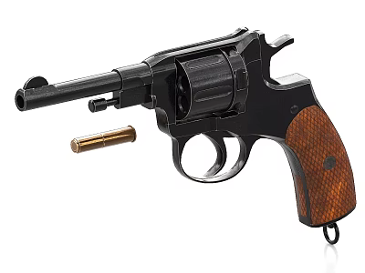 Black Metal Revolver With Wooden Grip And Bullet On White Background 3d model