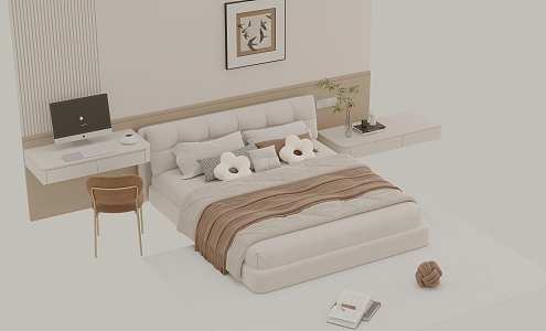 Cream wind bedding bedroom bedside table combination 3d model