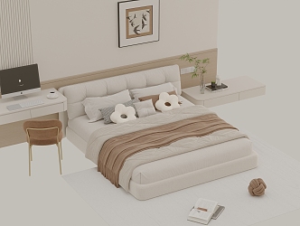 Cream wind bedding bedroom bedside table combination 3d model