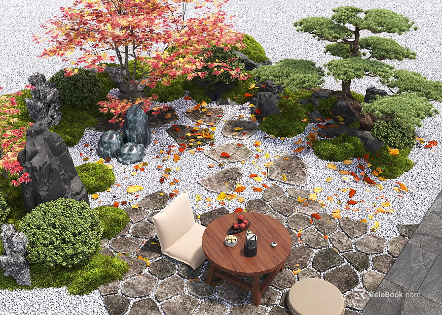Courtyard Garden With Red Maple Pine Trees Moss Covered Stones Stone Path And Fallen Leaves 3d model 