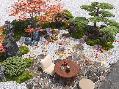 Courtyard Garden With Red Maple Pine Trees Moss Covered Stones Stone Path And Fallen Leaves 3d model