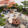 Courtyard Garden With Red Maple Pine Trees Moss Covered Stones Stone Path And Fallen Leaves