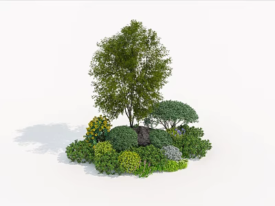 Varied Green Shrubs in Garden Landscaping with Tall Tree Yellow Flowers and Stone 3d model