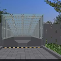 Glass Roof Entrance With Gray Walls Small Windows Warning Stripes Green Shrubs And Blue Sky